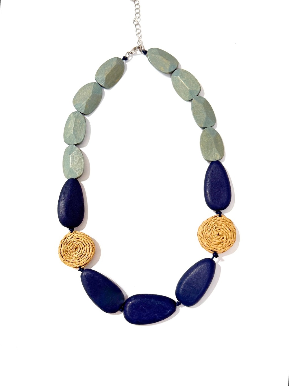J.Jill Blue Green Wood Bead Woven Statement Necklace 18” NWOT